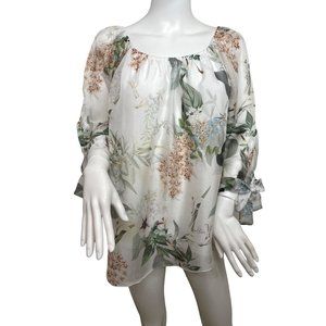 Tempo Paris Blouse S Italy Floral Sheer Overlay Boat Elastic Neckline 3/4 Sleeve